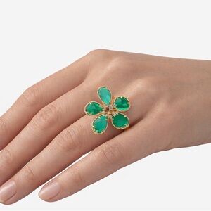 24K Gold Filled Green Daisy Flower Ring Adjustable CZ Floral Statement Ring NWT